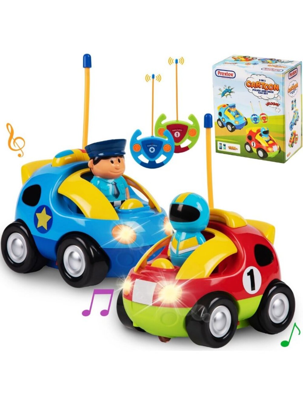 2 Pack Cartoon Remote Control Cars for Toddlers - Police & Race Car Set, Lights